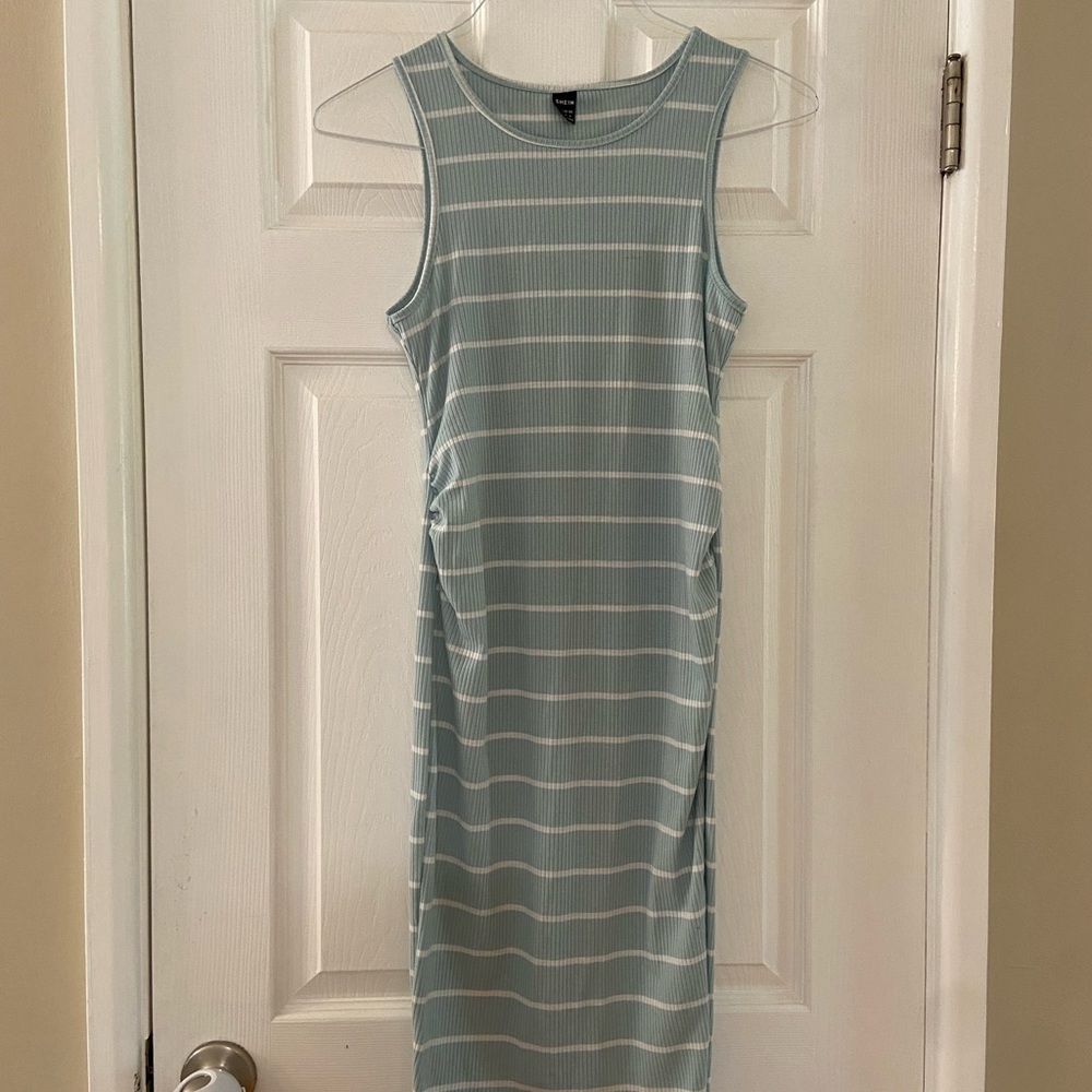 SHEIN Maternity Green & White Striped Ruched Sleeveless Midi Dress